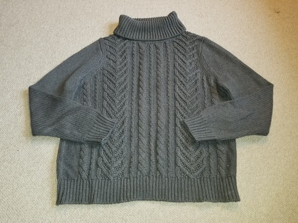 Womens Sweater-LANDS' END-DRIFTER-grey cable-knit turtle neck Fisherman ls-L